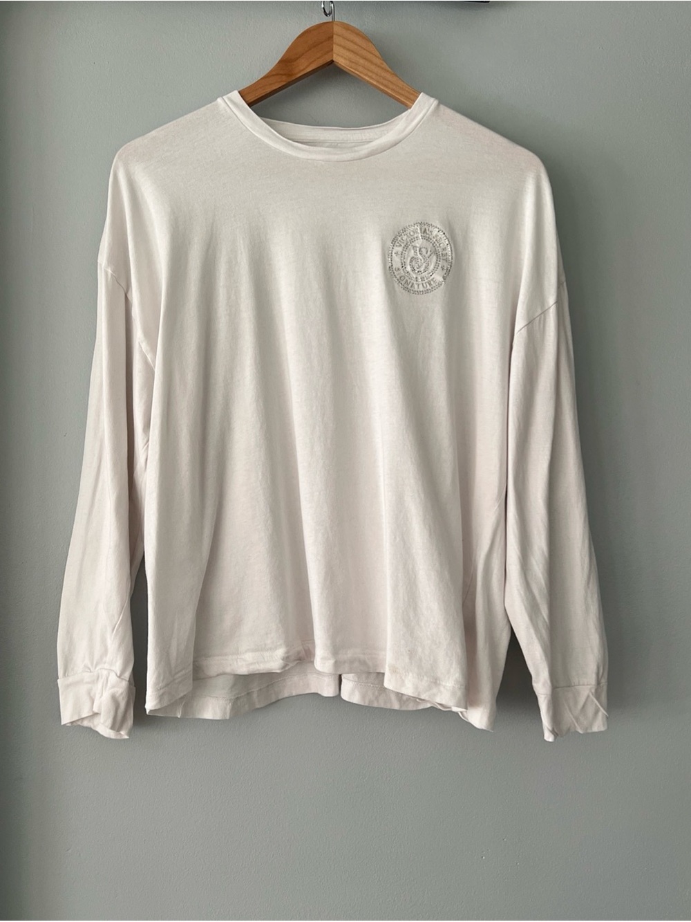 Victoria's Secret Signature Rhinestone Embroidered Logo White Long Sleeve Tee